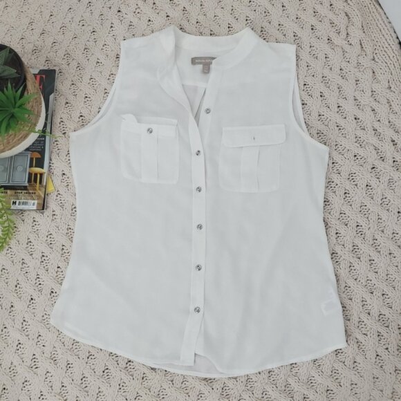 Banana Republic Petite White Sleeveless/Collarless "Safari" Top - Picture 3 of 16